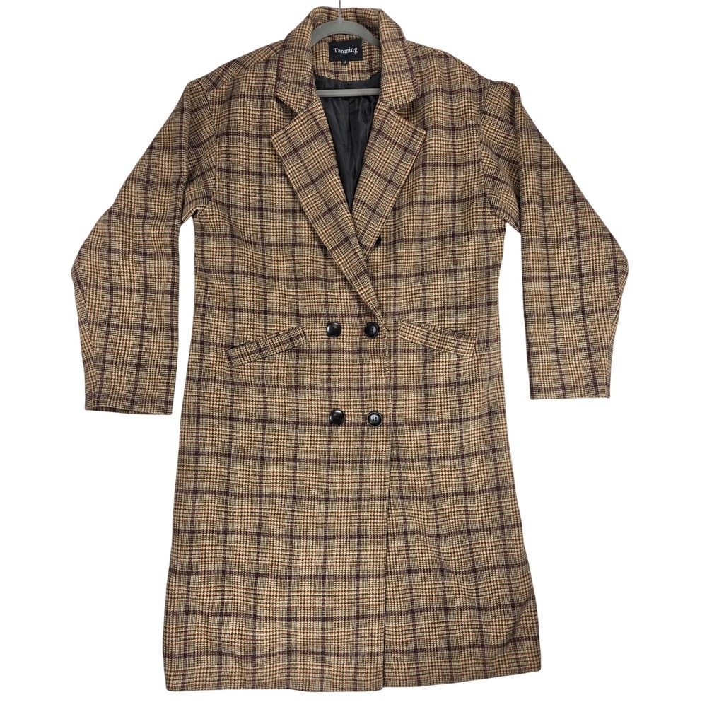 Tanming Women Large Wool Long Trench Pea Coat Jacket Plaid Brown Tan Lined Fall